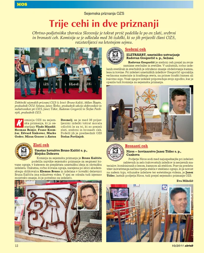 Obrtnik, die Kammerzeitschrift, Ausgabe 10/2011. Die Seite mit den drei Zünften.